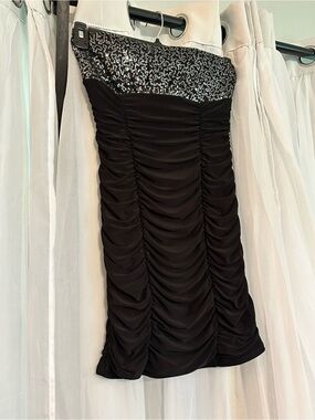 Wish Black Strapless Ruched Dress with Silver Sequin Bodice